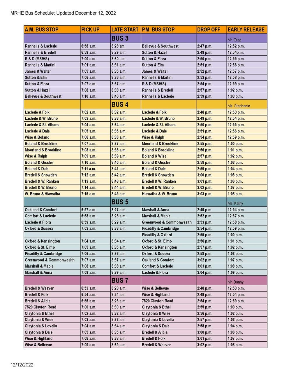 MRHE Bus Schedules